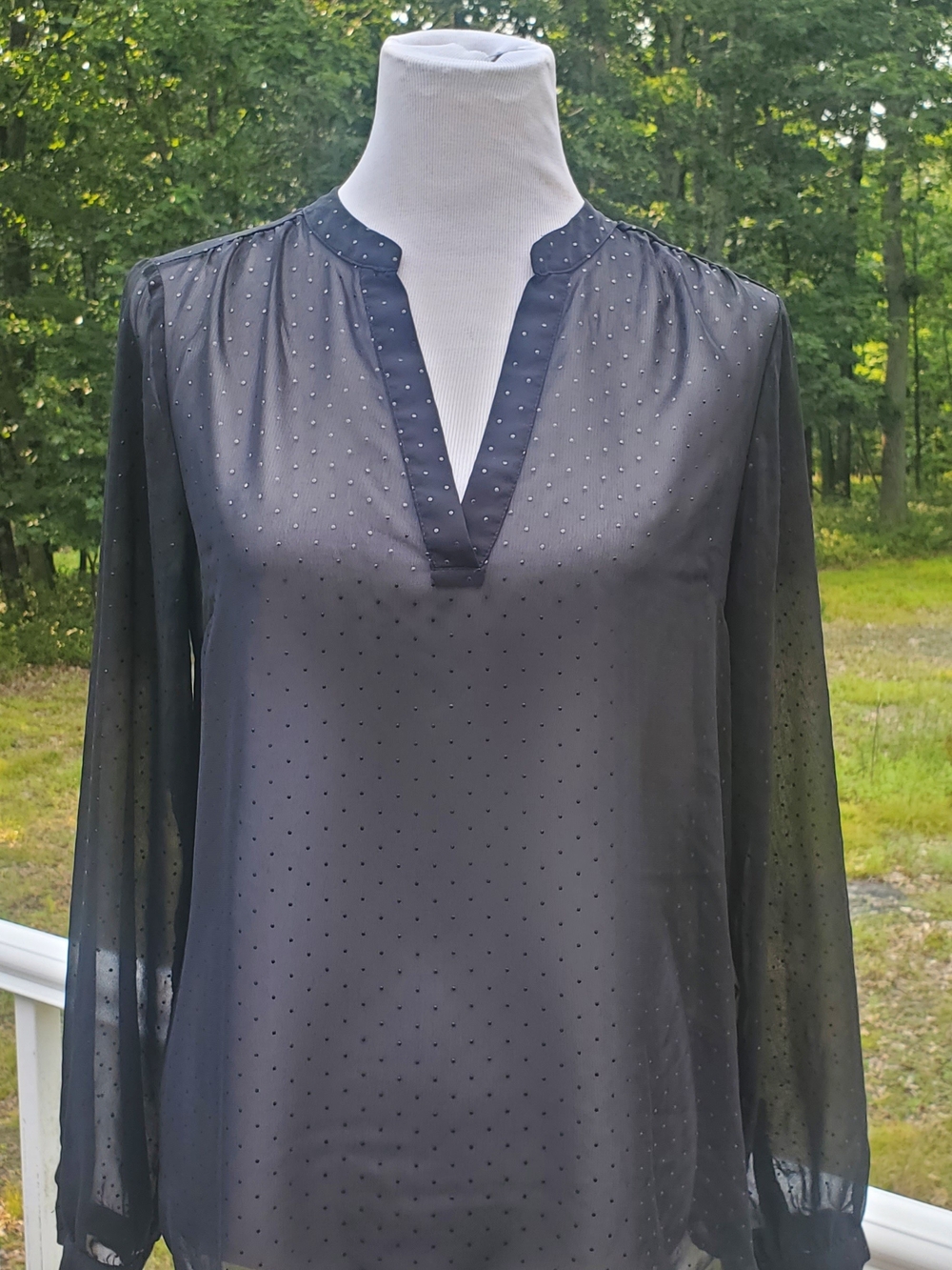 Women's Sheer Black Polka Dot V-Neck Blouse
